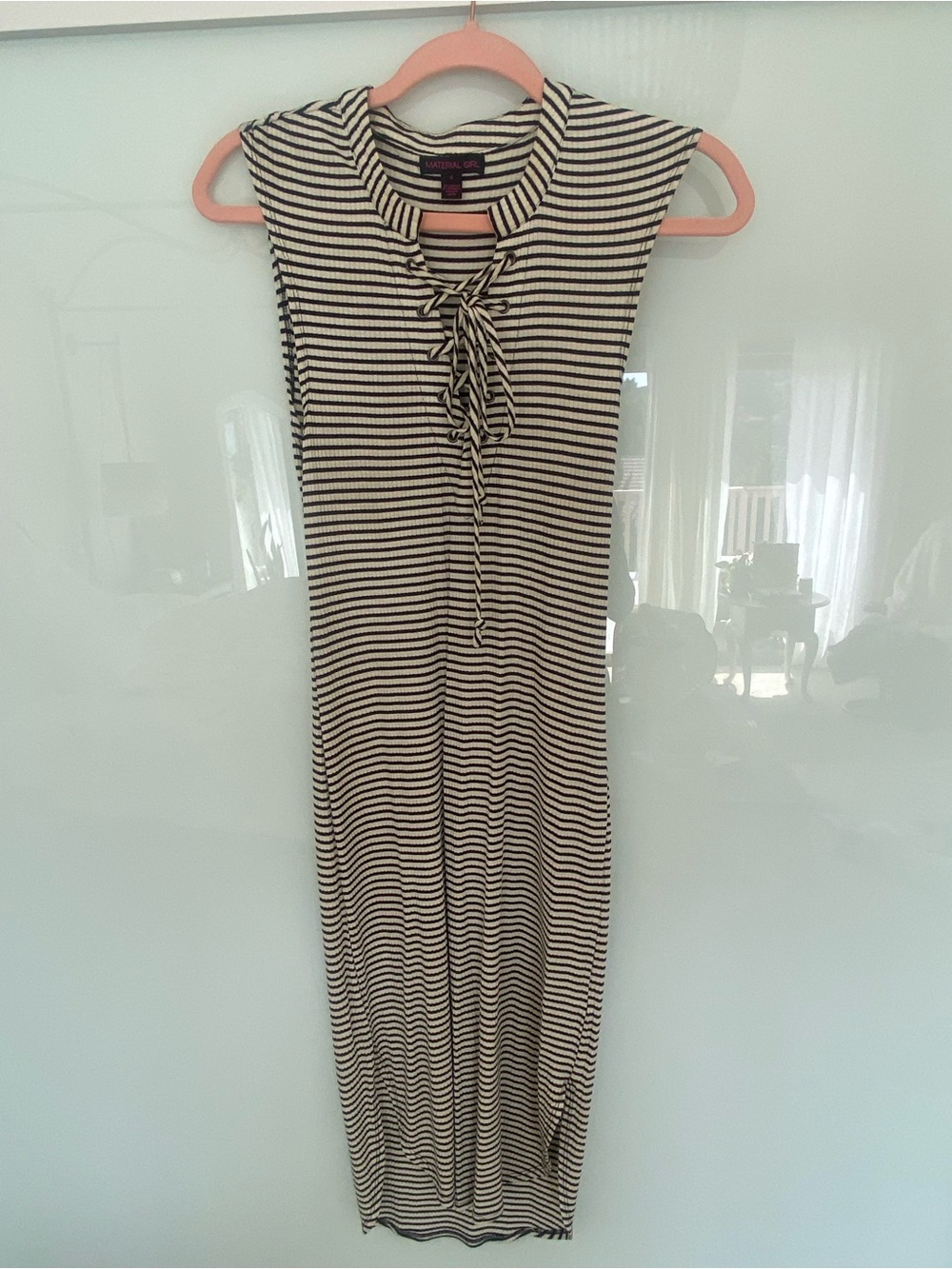 Material Girl Black and Cream Striped Sleeveless Lace-Up Maxi Dress